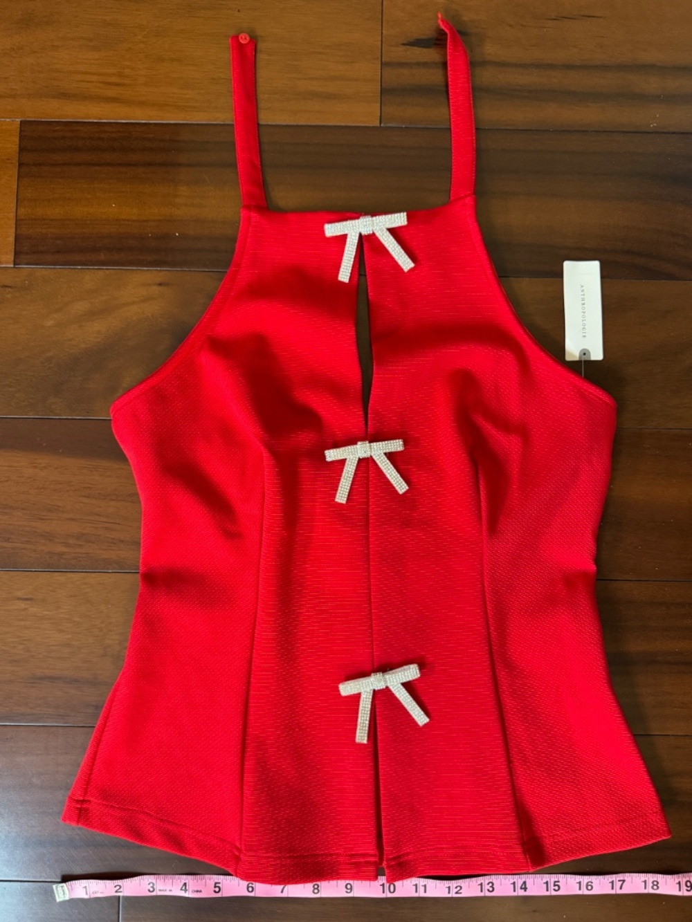 MAEVE ANTHROPOLOGIE EMBELLISHED BOW RED HALTER TOP - MEDIUM - Picture 14 of 17